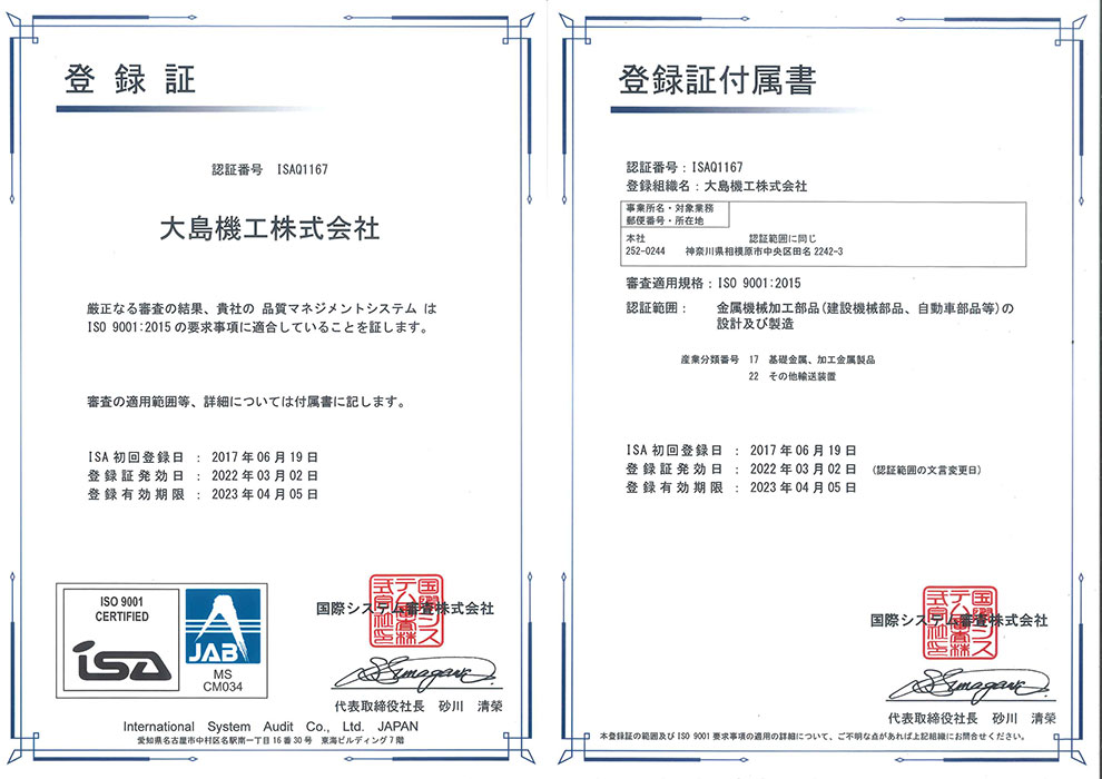 ISO9001登録証・ISO9001登録証付属書